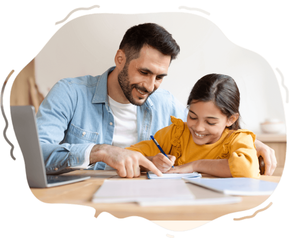 Dad and daughter writing with laptop